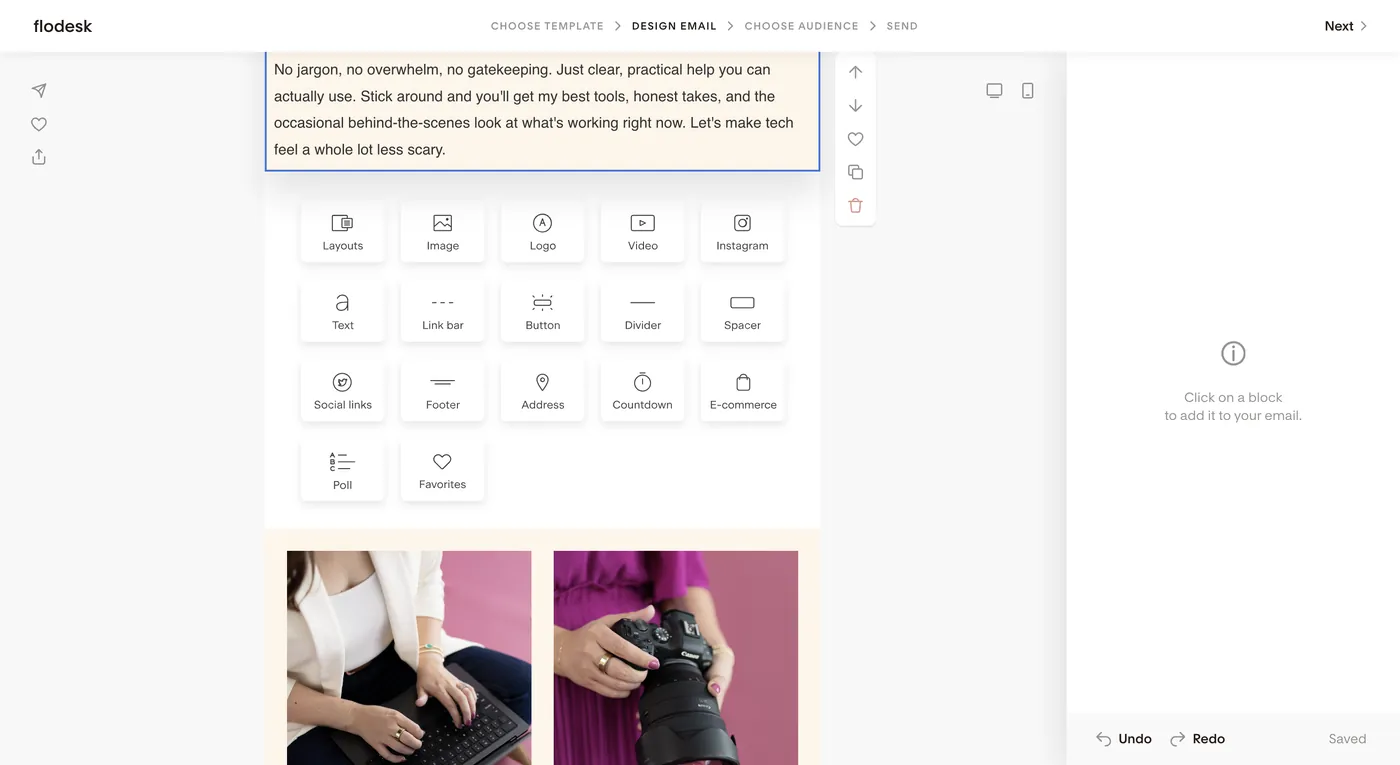Flodesk's add-block menu showing available block types, including Layouts, Image, Video, Countdown, Poll, and Favorites.