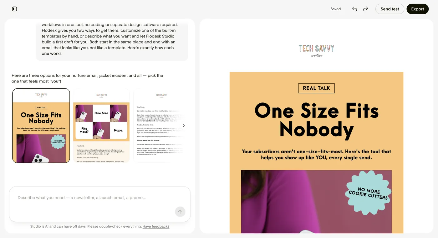 Flodesk Studio showing three generated email options based on a text prompt, with the selected design displayed at full size on the right.