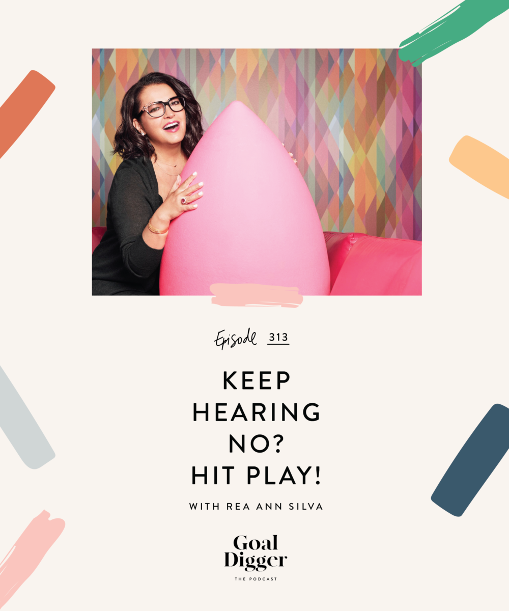 The inventor of Beautyblender with her product on the Goal Digger Podcast.